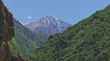 Berrak, mavi gökyüzünün altında karla kaplı zirveyle birlikte yemyeşil dağların nefes kesici ve çarpıcı manzarası.
