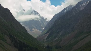 Kırgızistan 'da yaz günü Ala Archa Ulusal Parkı' nda, ters kameralı hava manzarası..