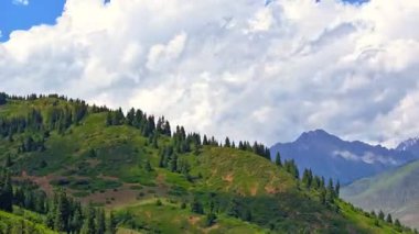 Yeşil ormanlı dağ yamaçlarında bulutlar, insansız hava aracı hiper hızları