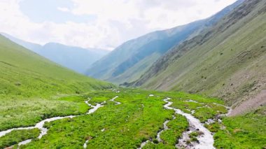 Kırgızistan 'da güneşli bir günde çim yamaçlı yeşil dağ geçidi ve örülmüş nehir. Tian-Shan dağ sırasının üzerinde beyaz bulutlu mavi gökyüzü, Dolly ileri kamera hareketli drone bakış açısı.