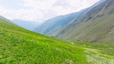 Kırgızistan 'da güneşli yaz gününde yeşil yamaçlı pitoresk dağ geçidi. Tian-Shan dağ sırasının üzerinde beyaz bulutlu mavi gökyüzü, Dolly ileri kamera hareketli drone bakış açısı.