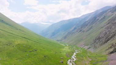 Kırgızistan 'da güneşli yaz gününde yeşil yamaçlı pitoresk dağ geçidi. Tian-Shan dağ sırasının üzerinde beyaz bulutlu mavi gökyüzü, Dolly ileri kamera hareketli drone bakış açısı.