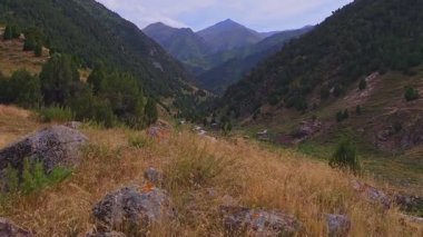 Sonbahar dağ vadisinde ileri hareket çekimi, yavaş kamera hareketi, kayalık arazi, kuru ot, yeşil tepeler, bulutlu gökyüzü,
