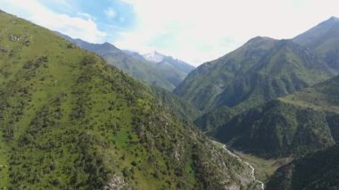 İnsansız hava aracı görüntüsü Kırgızistan 'daki Dağ Geçidi' nde ilerliyor. Nehirli bir dağ vadisini, yaz günü yeşil yamaçları ele geçiriyor..