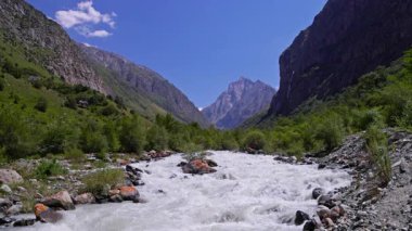 Dağ Nehri Sokuluk, Belogorka şelalesi ve güneşli yaz gününde arka planda dağ zirvesi.