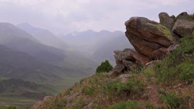 Arka planda sisli yaz mevsiminde dağ manzarası olan kaya oluşumu. Chunkurchak Boğazı, Kırgızistan.