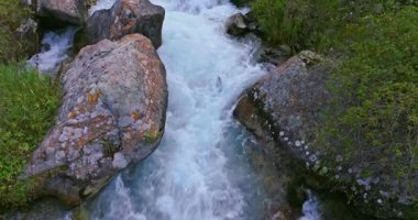 Low drone shot of a clear stream flowing through a lush valley, flanked by dense trees and rocky slopes, with distant mountains under a cloudy sky. Real-time panning up capture.