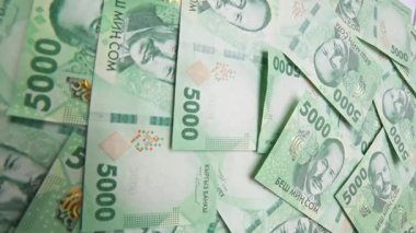 rotating background of new 5000 Kyrgyzstani Som banknotes, closeup full-frame background