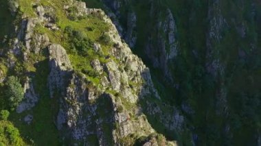 Kırgızistan 'daki dik, kayalık bir dağ uçurumunun hava drone görüntüsü yemyeşil ve dramatik bir arazi sergiliyor. Kamera sağa doğru eğiliyor, parallaks boyunca derinliği gösteriyor..