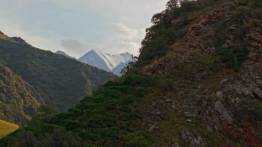 Drone görüntüleri Kırgızistan 'da güneş doğarken ya da batarken çarpıcı bir dağ vadisini yakalıyor. Çekim, yemyeşil yamaçlar, kayalık uçurumlar ve parçalı bulutlu gökyüzünün altındaki uzak karlı tepeleri ve güneş ışığının ılık bir parıltıyı yansıtıyor..