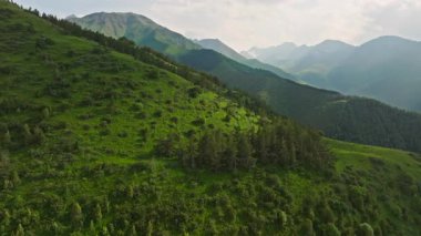 Nefes kesici hava manzaraları canlı yeşil dağ yamaçlarını sergiliyor. Hepsi bulutlu bir gökyüzünün altında.