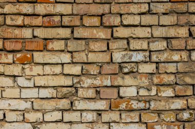 Weathered brick wall displays age and character under daylight. The rustic texture and worn appearance evoke a sense of history and durability in outdoor setting.