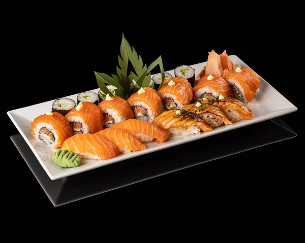 Menú Sushi Concepto Comida Japonesa Sobre Fondo Negro —  Fotos de Stock