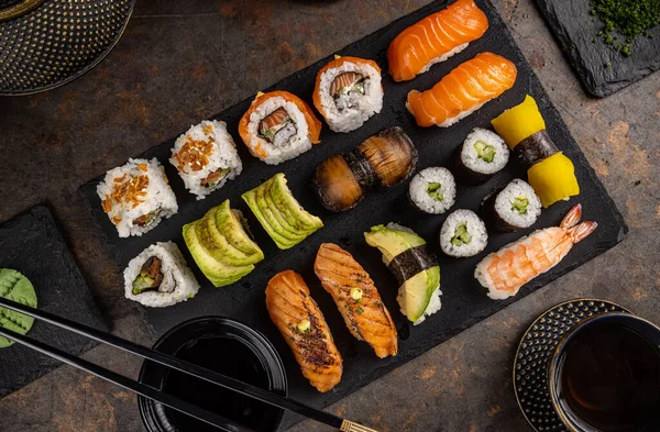 Top View Assorted Sushi Big Sushi Set Slate Stock Photo