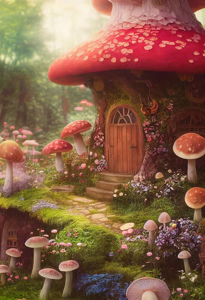 Enchanting fairy tale mushroom house, 3D render illustration