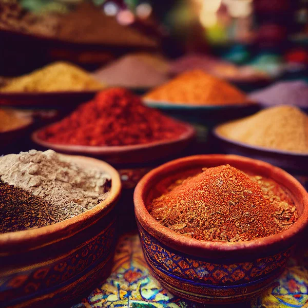 Colorful spices powders and herbs in traditional street market, 3D illustration