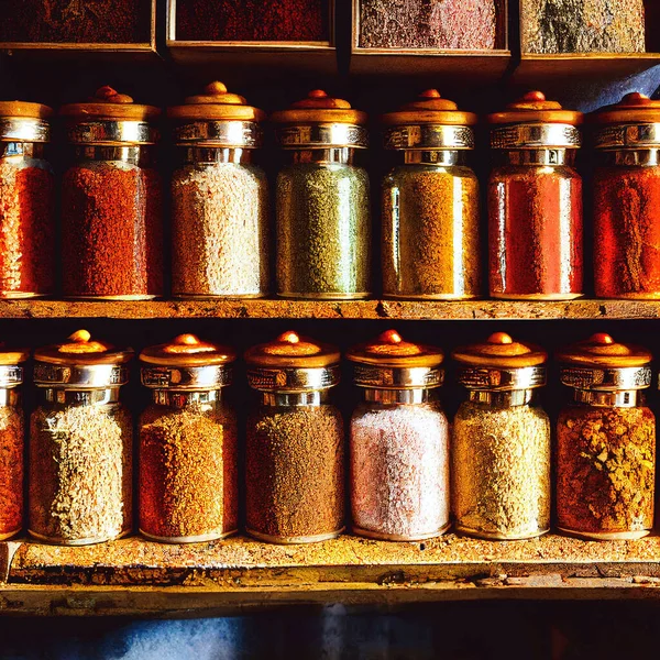 Colorful spices powders and herbs in jars standing on shelves, 3D illustration