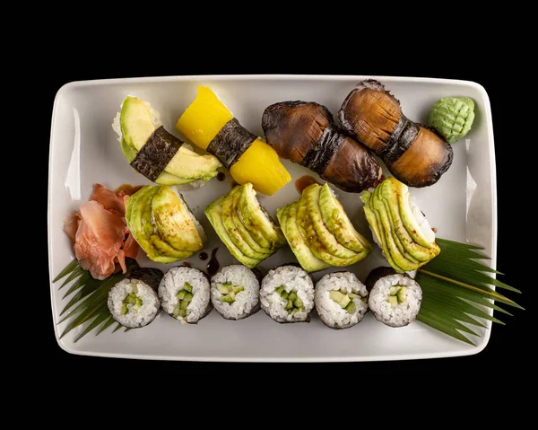 Vista Superior Del Surtido Sushi Vegetariano Engastado Plato Blanco —  Fotos de Stock