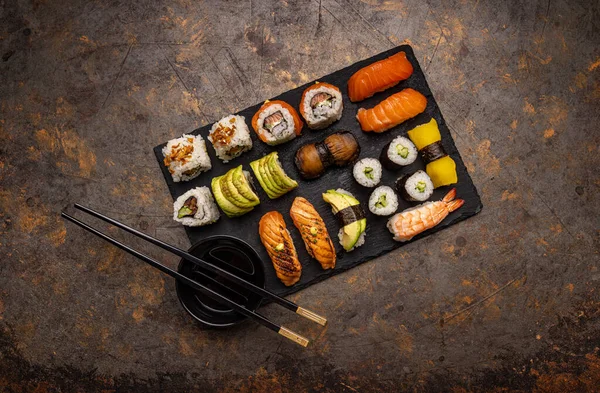 Japanese Food Concept Sushi Set Menu Grunge Background — Stock Photo, Image