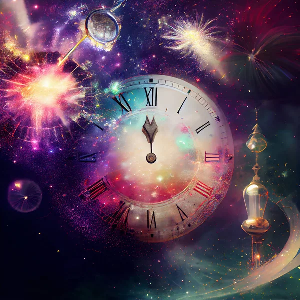 Old clock at twelve o'clock with fireworks, 3D illustration