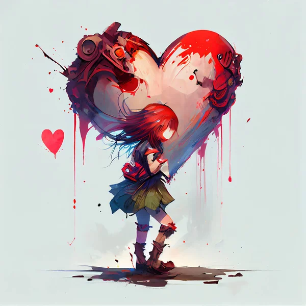 3D illustration art design of an anime girl with heart