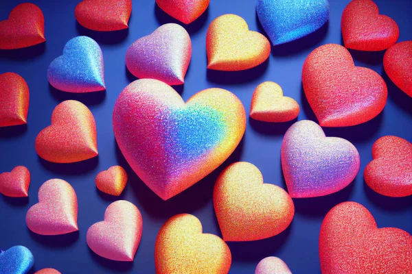 Glitter realistic hearts on blue background. 3D illustration art design