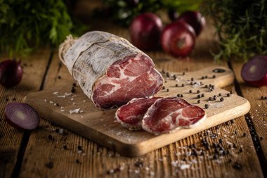 Dry cured pork loin, still life of gourmet dish