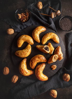 Top view of Bratislava crescent rolls filled with poppy seeds or ground walnuts