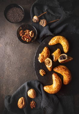 Bratislava rolls with ground poppy seed and walnut fillings, traditional sweet short pastry in Slovakia, still life
