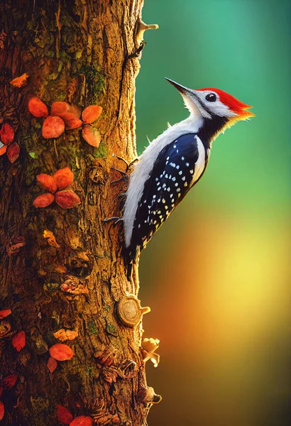 Cute woodpecker sitting on a tree and knocks. Bird in the forest in a cartoon style. 3D illustration art design, copy space