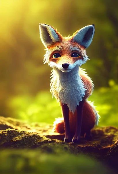Cute cute fox in the forest, 3D illustration art design