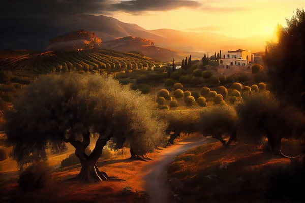 Landscape at sunset in olive farm, 3D illustration digital art design