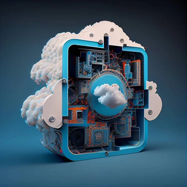 Cloud storage. Digital service or app with data transfering. 3D illustration art design