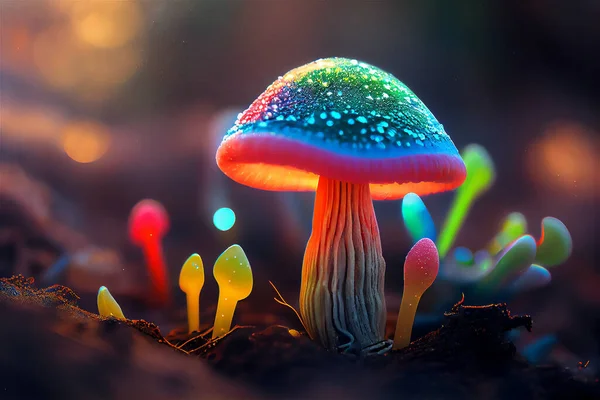 Beautiful glowing mushrooms, 3D illustration art design
