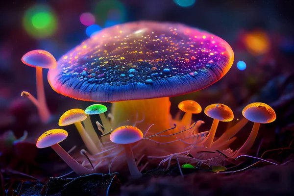 Glowing mushrooms, fluorescent.  3D illustration digital art background