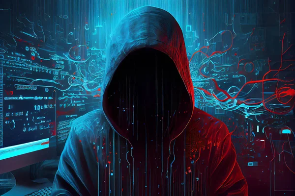 Hacker with the hoodie and digital symbols. 3D illustration digital art design