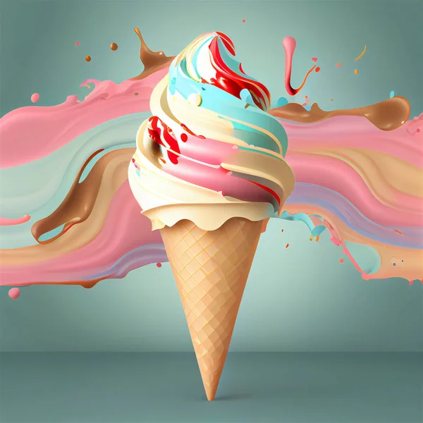 Soft ice cream cone with splash. Realistic illustration ice cream in wafer cup with sauce swirl