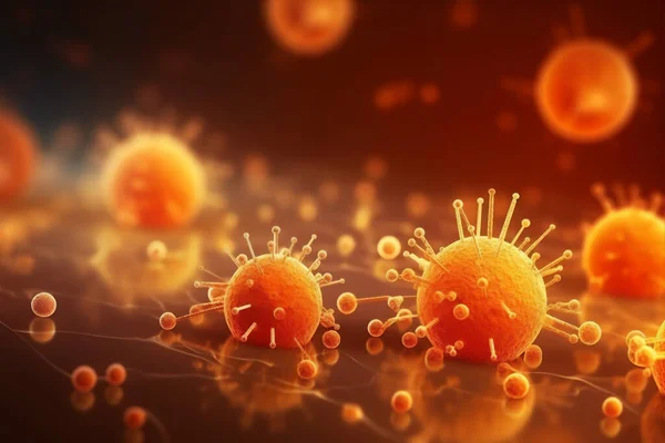 Herpes virus or germs microorganism cells under microscope. 3D illustration design