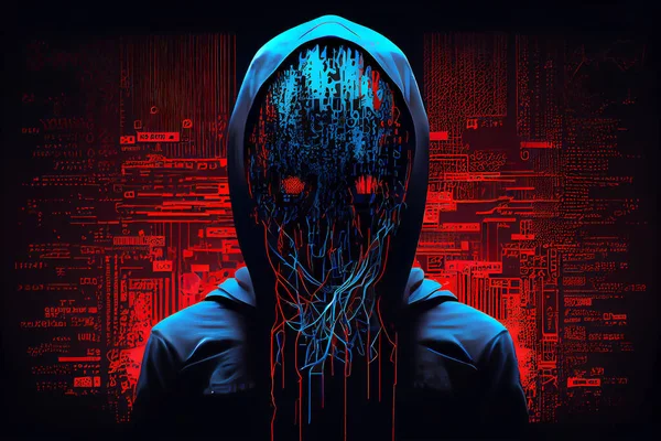 Hacker man in a dark hood. 3D illustration digital art design