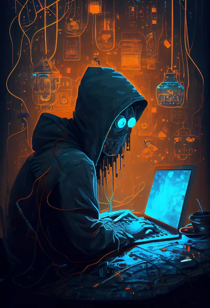 Professional hackers are using laptop in planning attacks. 3D illustration digital art design