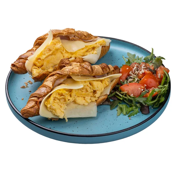 Restaurant Breakfast Menu Concept Scrambled Eggs Croissant Cheese Ham — Stock Photo, Image