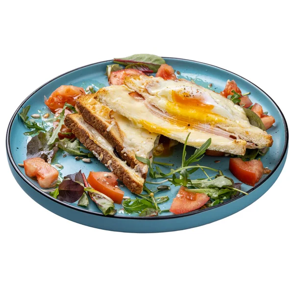 Frühstücksmenü Restaurant Warme Sandwiches Mit Spiegeleiern Schweinepastrami Käse Und Salatmischung — Stockfoto