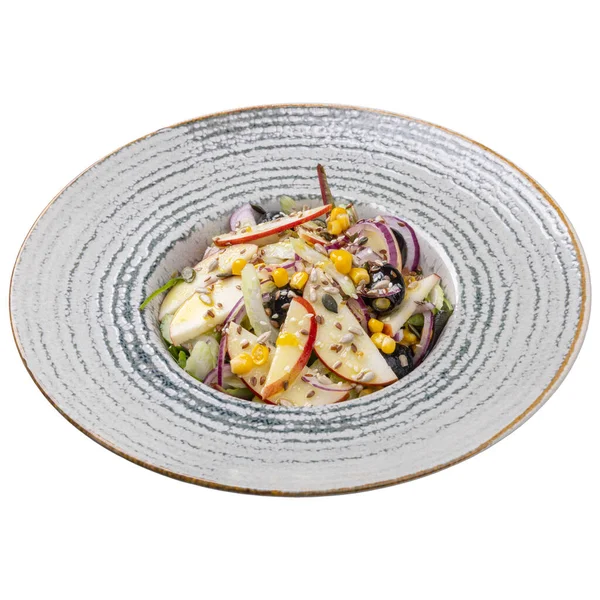 Restaurantsalat Menükonzept Vegetarischer Salat Mit Grünem Salat Mais Oliven Äpfeln — Stockfoto