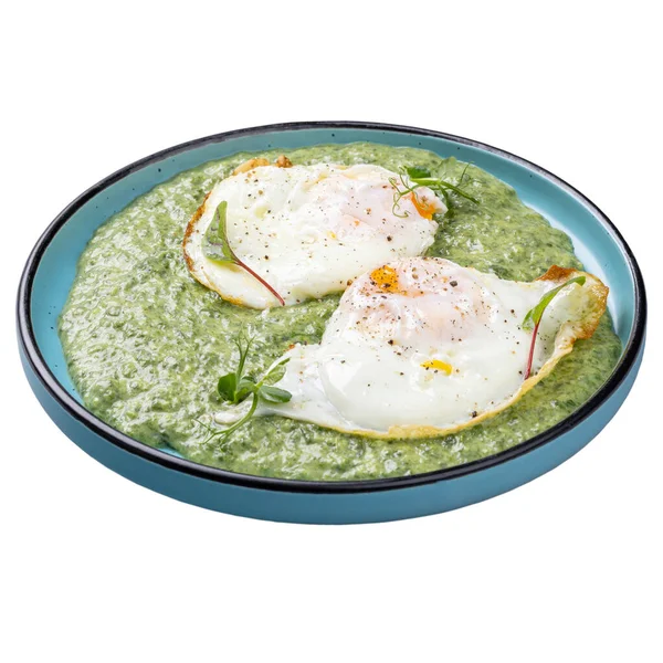 Plato Verduras Espinacas Con Huevos Fritos Concepto Menú Restaurante — Foto de Stock
