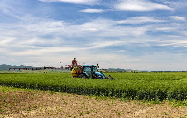 Traktor Versprüht Haferfeld Moderne Ausrüstung Funktioniert Auf Dem Feld — Stockfoto