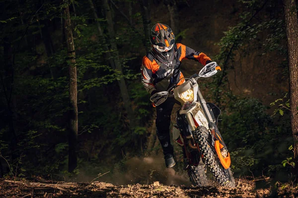 Motorcyklister Klättrar Berg Genom Den Vackra Skogen Extremt Idrottskoncept — Stockfoto