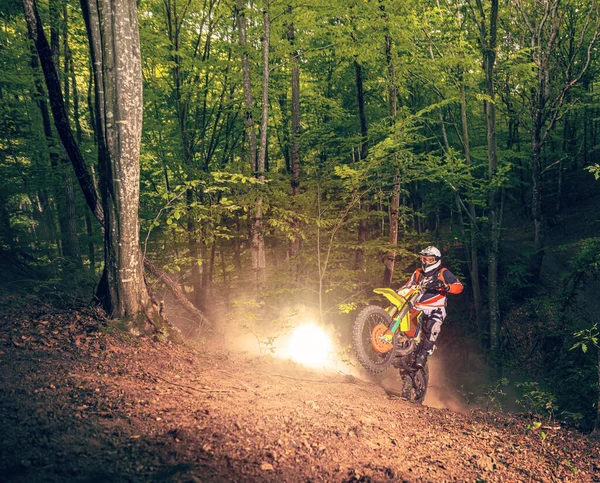 戴头盔的摩托车手骑在森林的土路上 — 图库照片