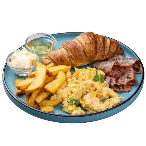 Amerikanisches Frühstücksrestaurant Menükonzept Mit Rührei Croissant Pommes Speck Butter Und — Stockfoto