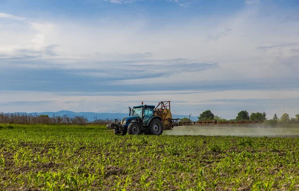 Сельскохозяйственное Тракторное Опрыскивание Трактор Удобряет Полевые Пестициды Инсектициды — стоковое фото