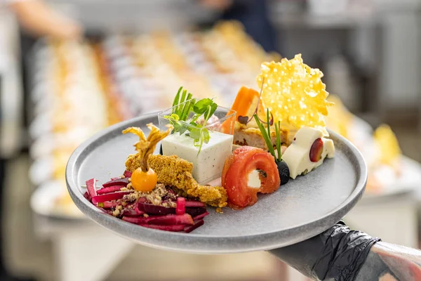 Fancy Starter Plate Wedding Table Prepared Professional Chef — Stock fotografie